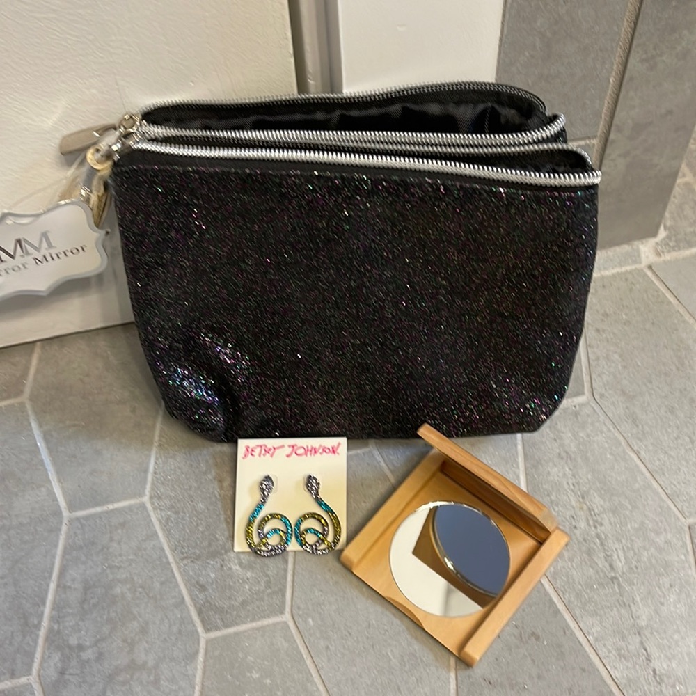 Betsey Johnson Glittery Snake Earrings With Matching Cosmetic Case and Bonus!